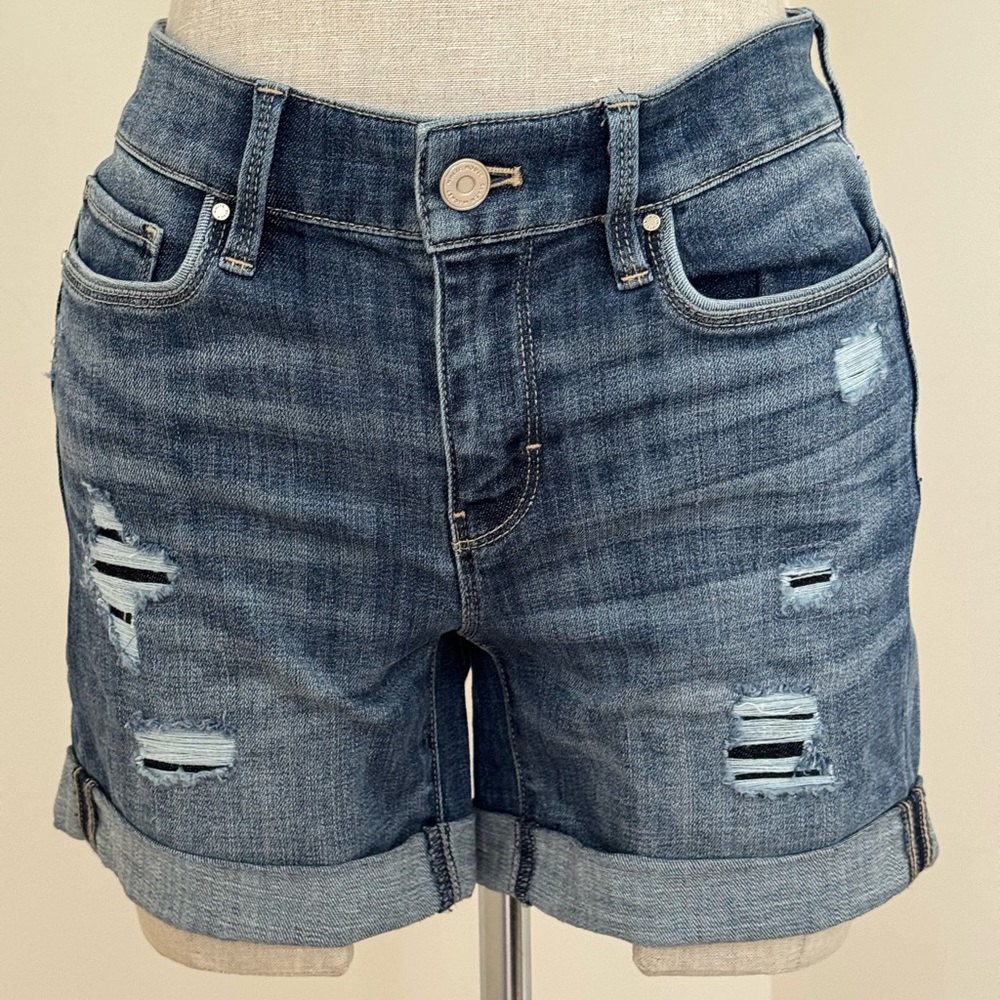 White House Black Market Mid Rise Blue Distressed Jean Shorts